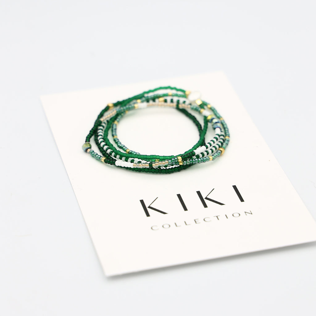 Beaded Bracelet - 5 Pack - Green + Gold