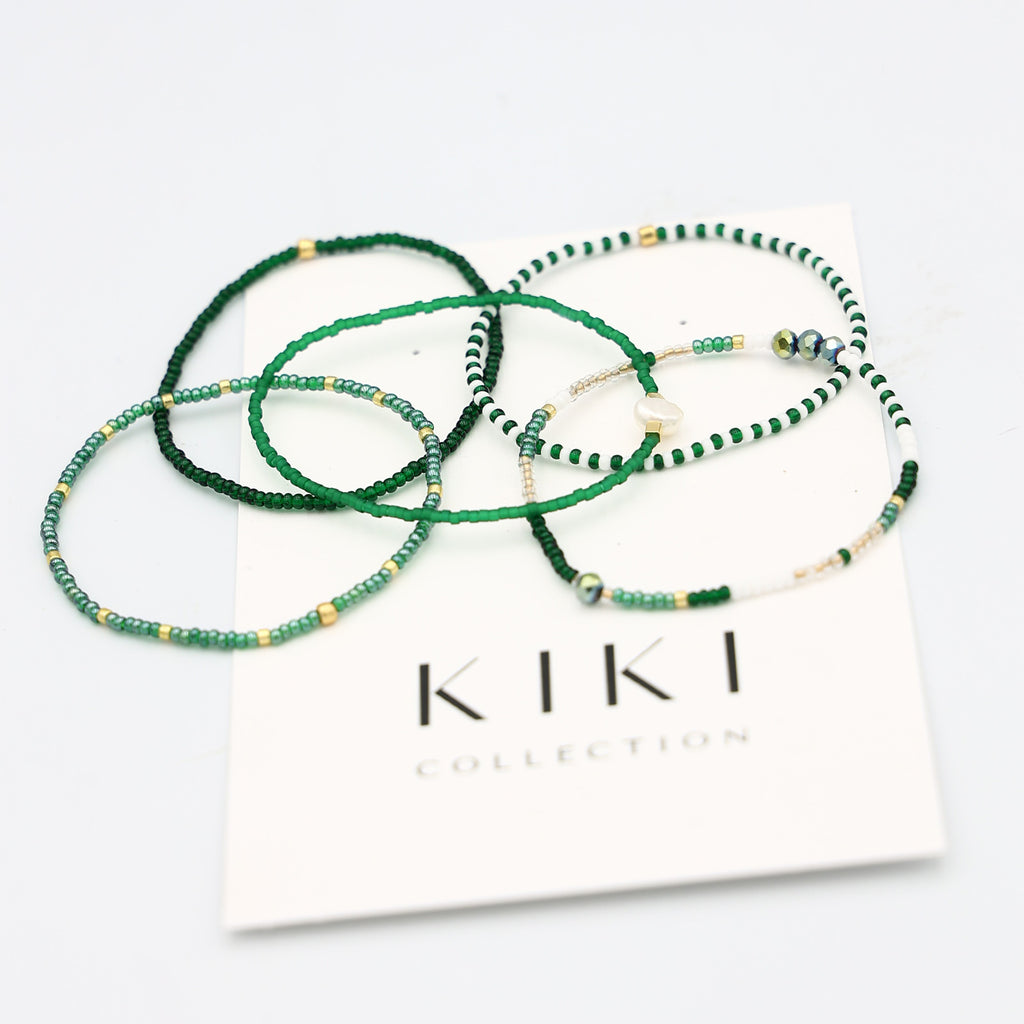 Beaded Bracelet - 5 Pack - Green + Gold