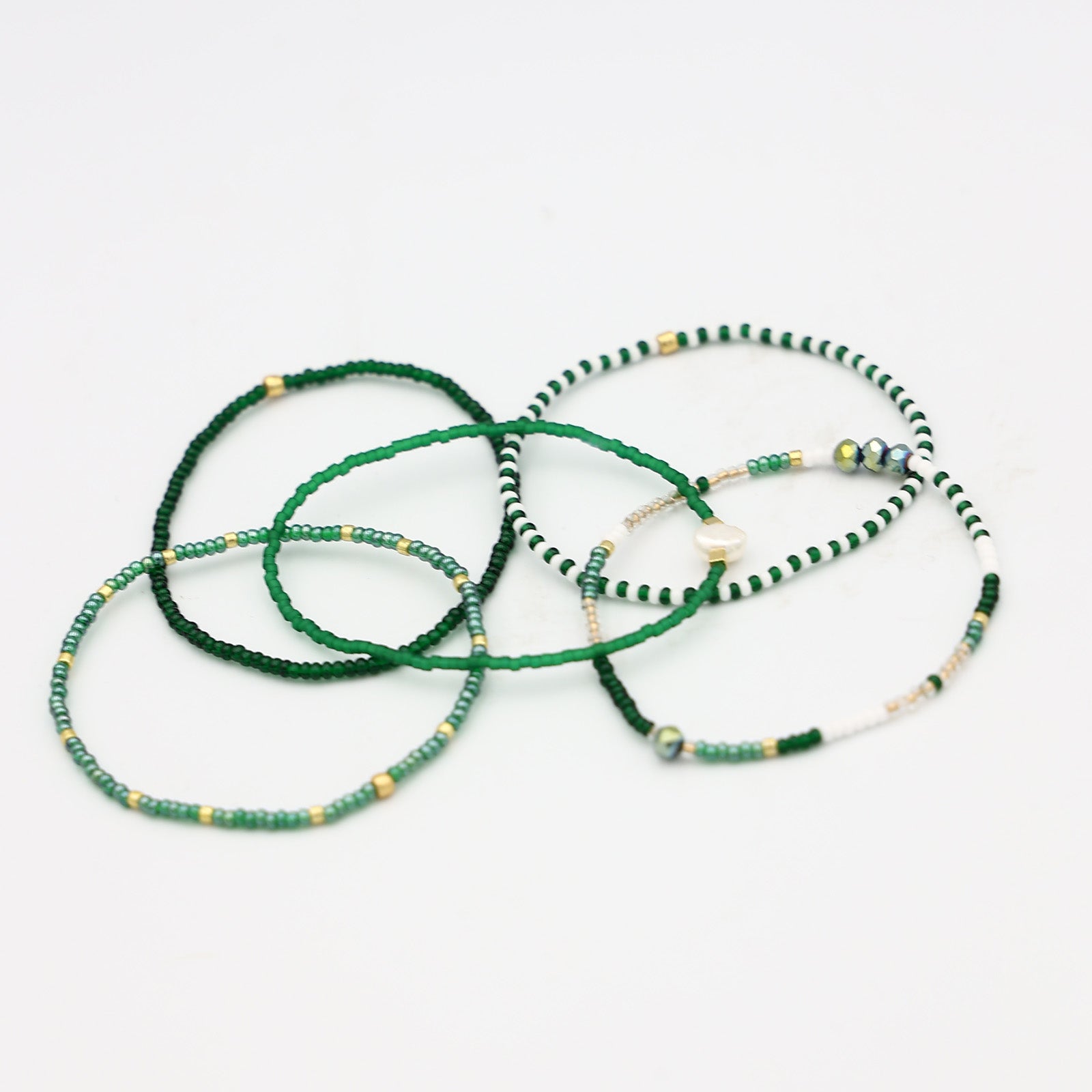 Beaded Bracelet - 5 Pack - Green + Gold