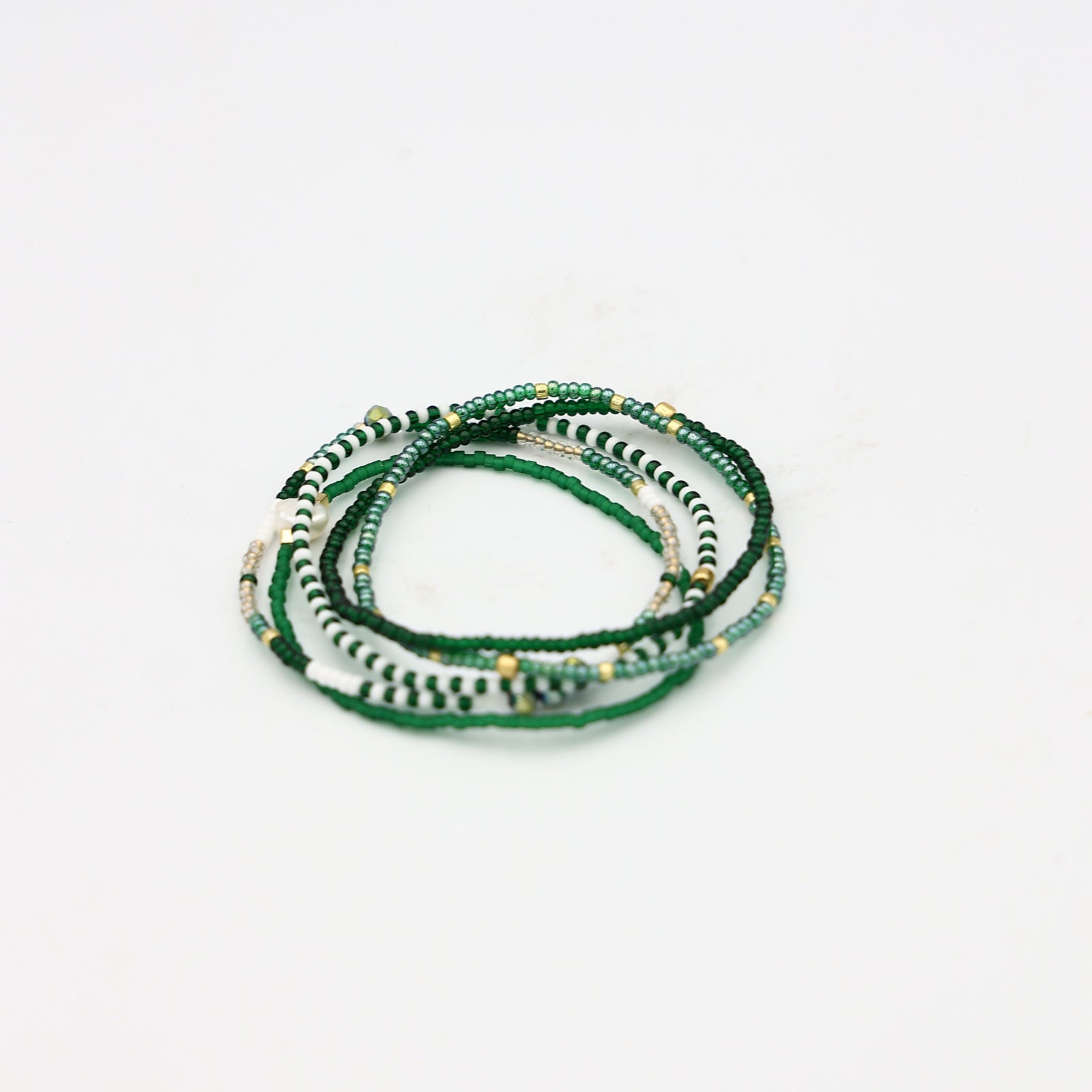 Beaded Bracelet - 5 Pack - Green + Gold