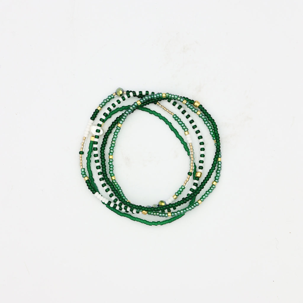 Beaded Bracelet - 5 Pack - Green + Gold