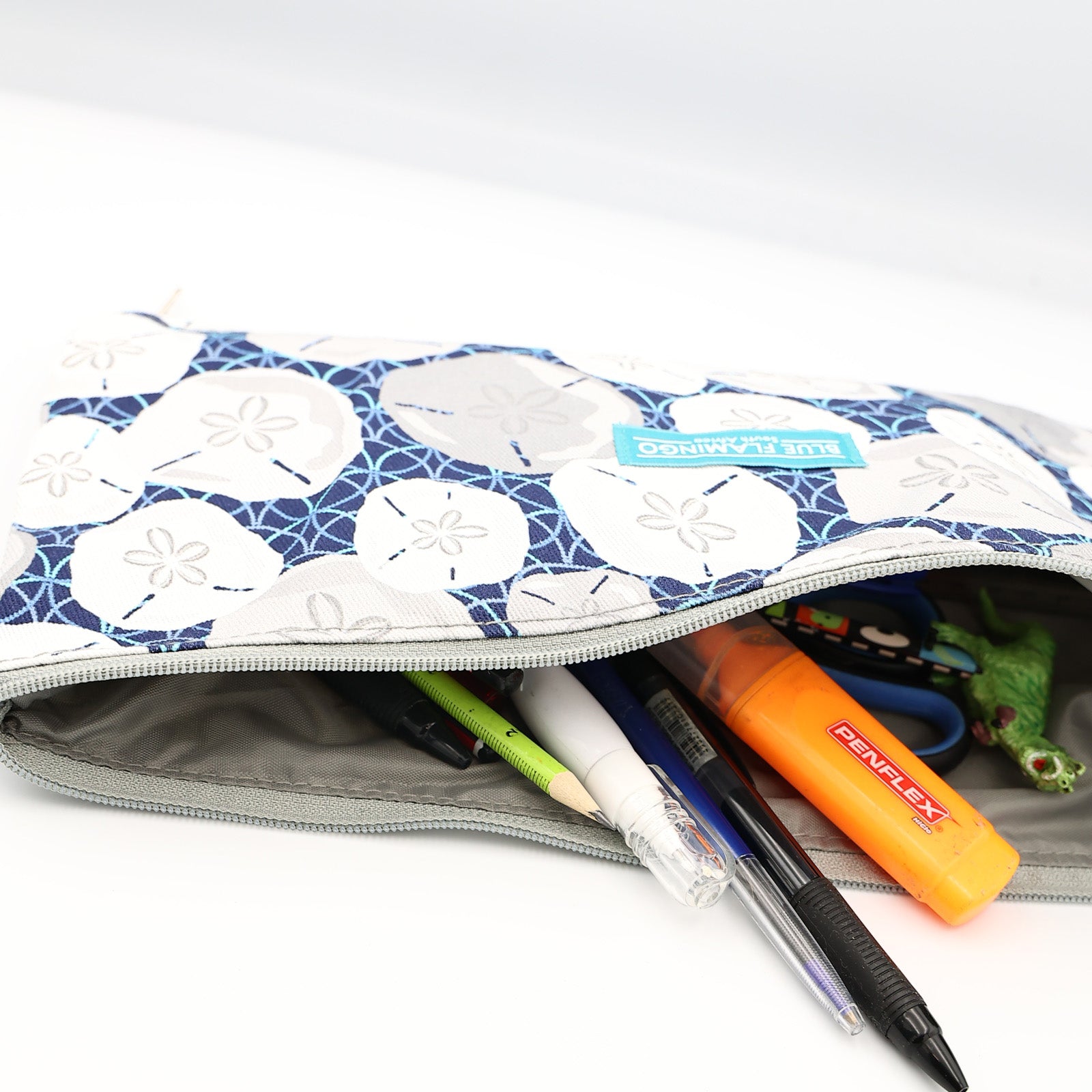 Double Pouch Pencil Case – Navy Grey Bubbles